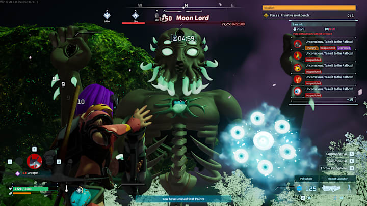 A giant floating monster with five eyes, half a torso and glowing tentacles coming out of its chin, launching balls of energy