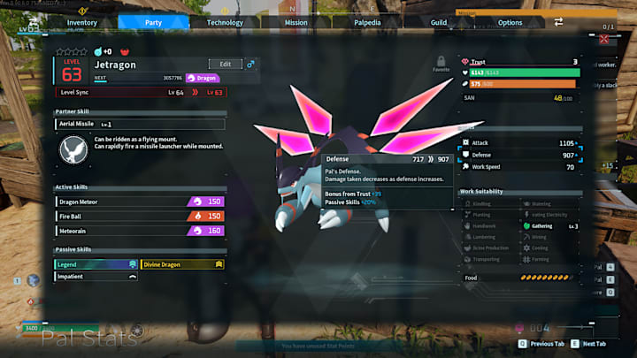 Jetragon's stats screenw with the trust bonus displayed on its stats.