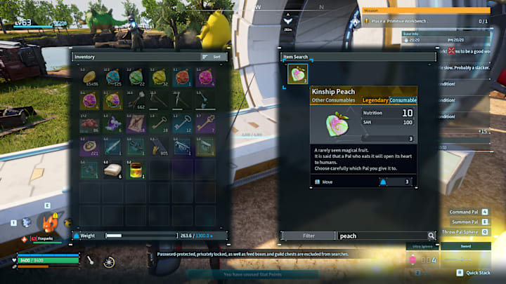 Palworld inventory screenw with Kinship Peaches higlighted