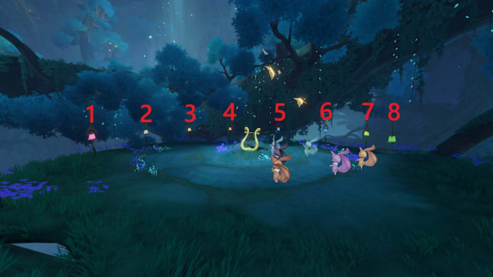 Honkai: Star Rail screenshot of a courtyard with wind chimes hanging around it.