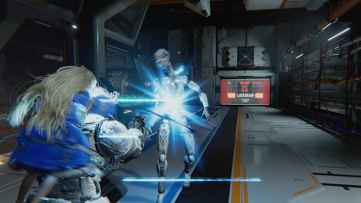 Shooting at an android charging towards Hugh and Diana.