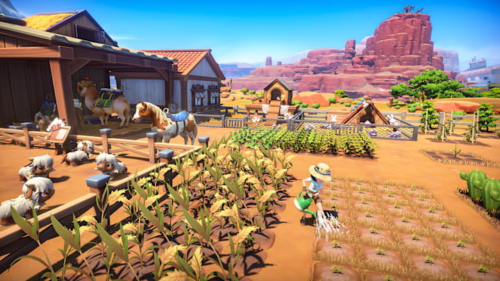 A farmer watering their planets on a farm with a variety of crops in a desert/canyon biome.