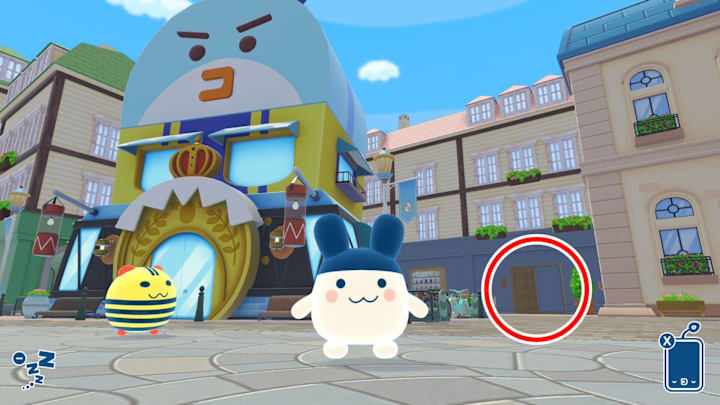 A screenshot from Tamagotchi Plaza showing the location of the hidden sushi shop with a red and white circle. 