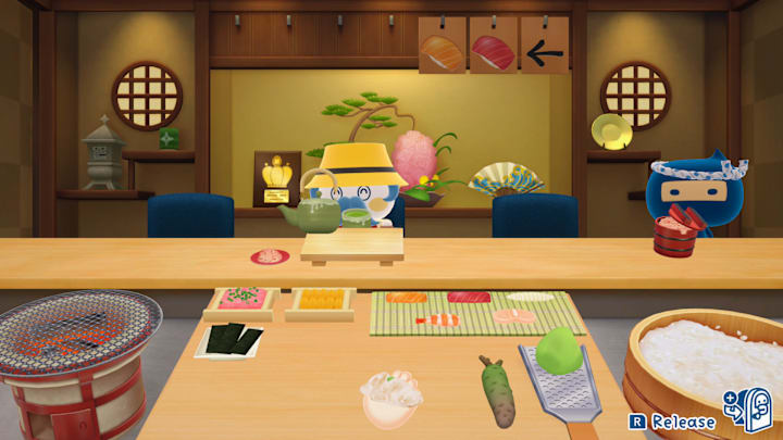 A screenshot of the sushi minigame in Tamagotchi Plaza showing Mayor drinking tea. 