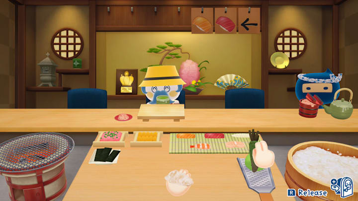 A screenshot of the sushi minigame in Tamagotchi Plaza showing the player grating wasabi. 