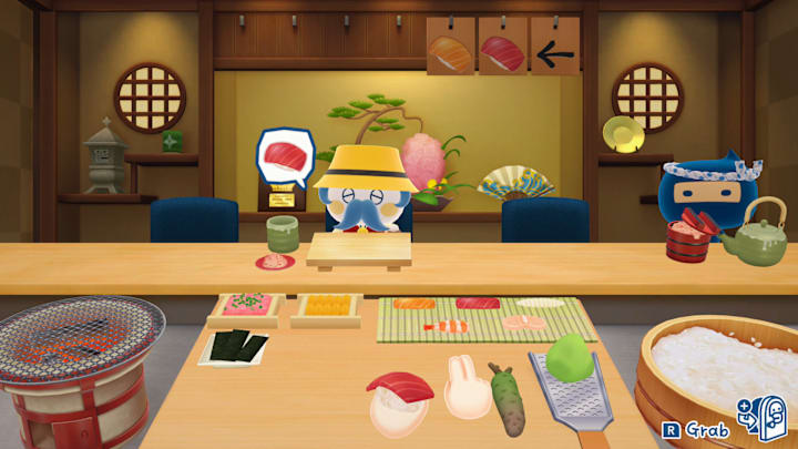 A screenshot of the sushi minigame in Tamagotchi Plaza showing a perfectly formed sushi. 