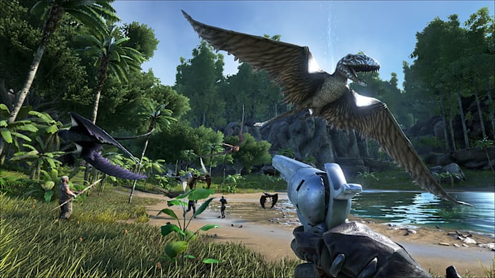 Looking  out at a forest lake with a dinoaur with feathered wings flying overhead.