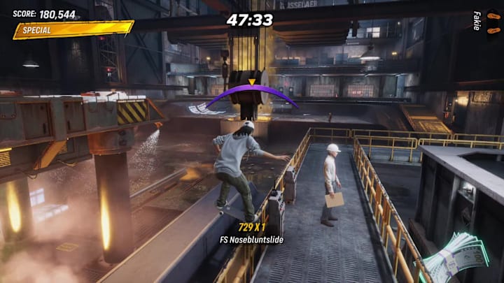 A player grinding along a rail alongside a metal hook and a foreman in the Foundry level in Tony Hawk's Pro Skater 3+4. 