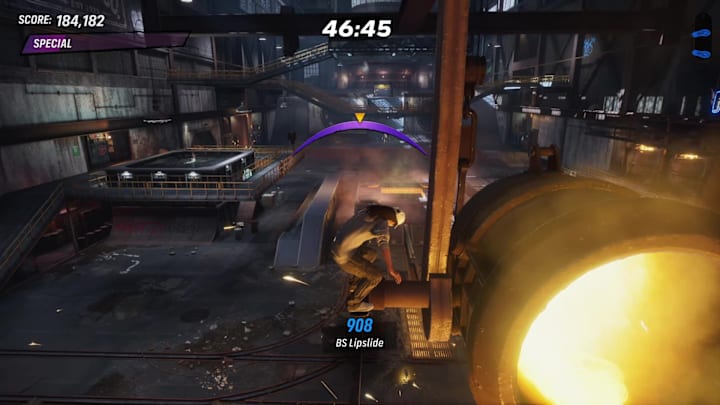 A player grinding along the crossbar of a molten bucket of metal in the Foundry level in Tony Hawk's Pro Skater 3+4