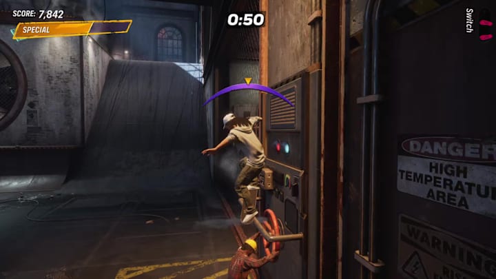 A player grinding atop a bar above a valve in the Foundry level in Tony Hawk's Pro Skater 3+4