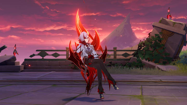 Genshin Impact screenshot of Arlecchino on a chair.