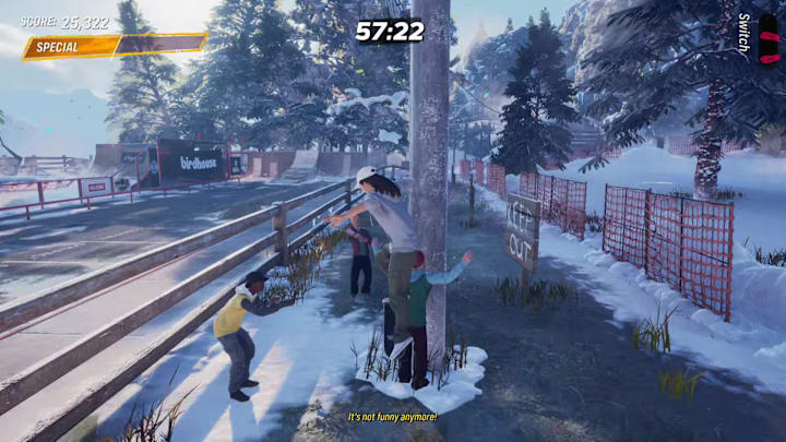 A player jumping into  a child whose tongue is stuck to a frozen pole in the Canada level in Tony Hawk's Pro Skater 3+4