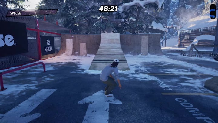 A player skating towards a large wooden ramp towards the treetops in the Canada level in Tony Hawk's Pro Skater 3+4