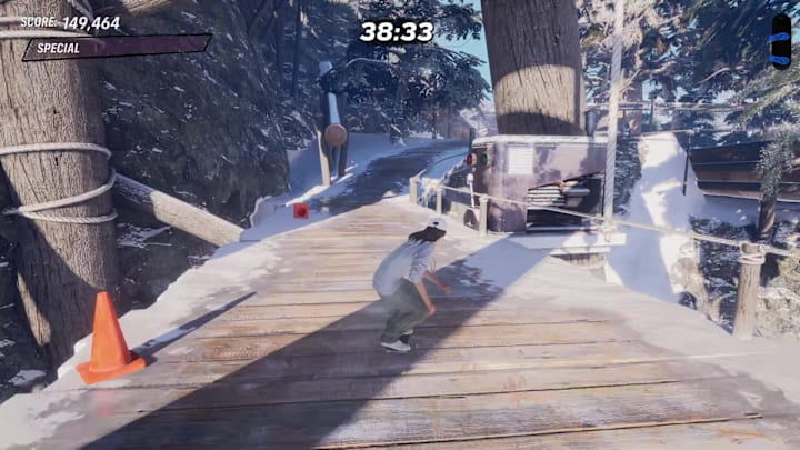 A player skating towards a large machine with a lever in the Canada stage of Tony Hawk's Pro Skater 3+4