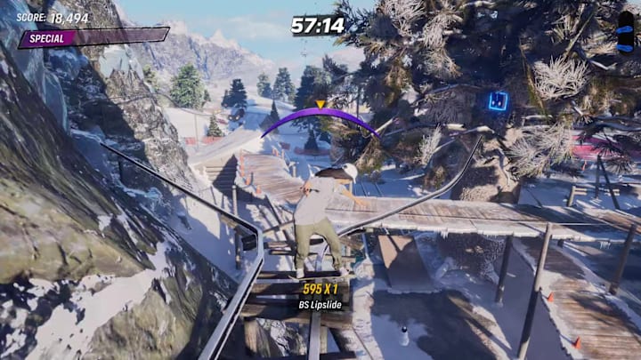 A player grinding along a train track rail to get a secret tape in the Canada stage of Tony Hawk's Pro Skater 3+4