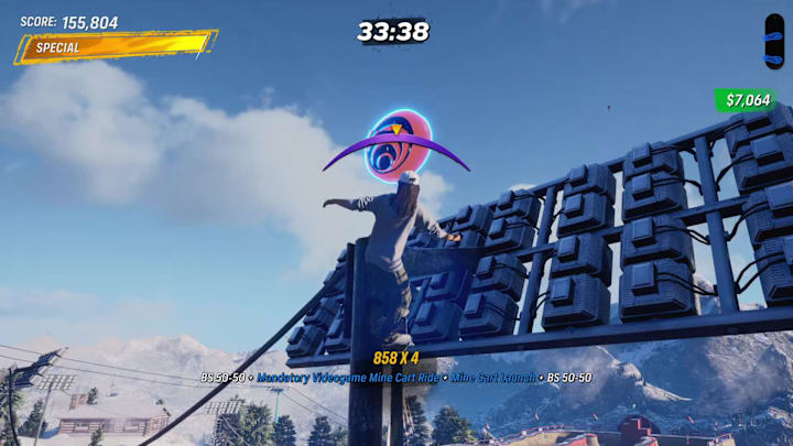 A player grinding along a wire towards an Iron Galaxy logo in the Canada stage in Tony Hawk's Pro Skater 3+4
