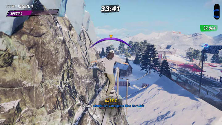 A player grinding a long rail above a log cabin in the Canada stage in Tony Hawk's Pro Skater 3+4