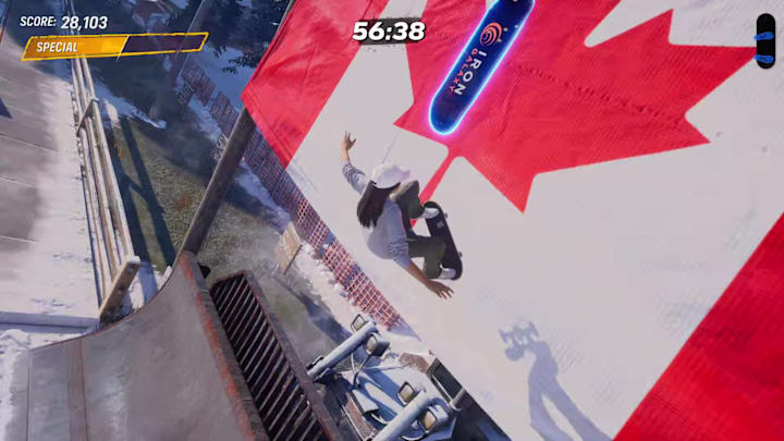 A player tricking up a quarterpipe in front of a Canadian flag toward a hidden deck in the Canada stage in THPS 3+4