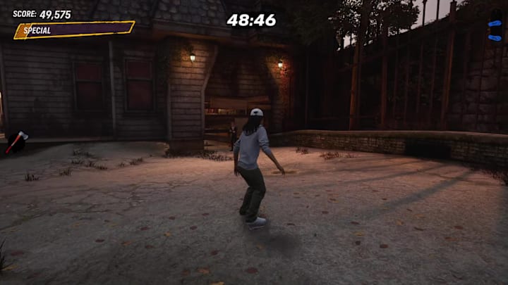 A player skating towards a thin man in front of a boarded up garage in the Suburbia level in Tony Hawk's Pro Skater 3+4