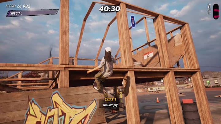 A player skating up a ramp into an unfinished house to collect the secret deck in the Suburbia level in THPS 3+4