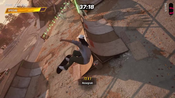 A skater transferring between two wooden ramps while nosegrabbing in the Suburbia level in Tony Hawk's Pro Skater 3+4