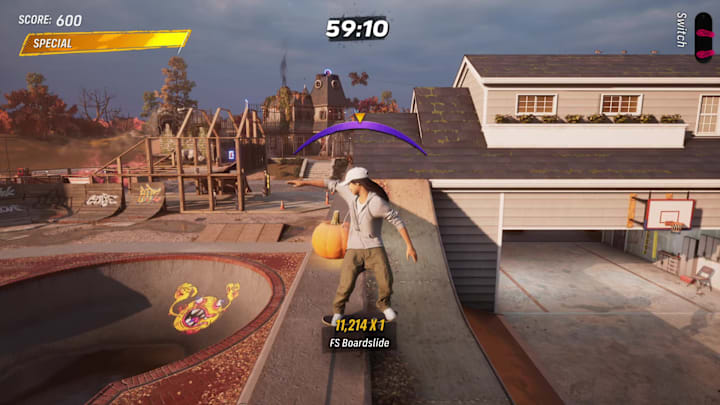 A skater grinding on a wall towards a glowing jack-o-lantern in the Suburbia level in Tony Hawk's Pro Skater 3+4