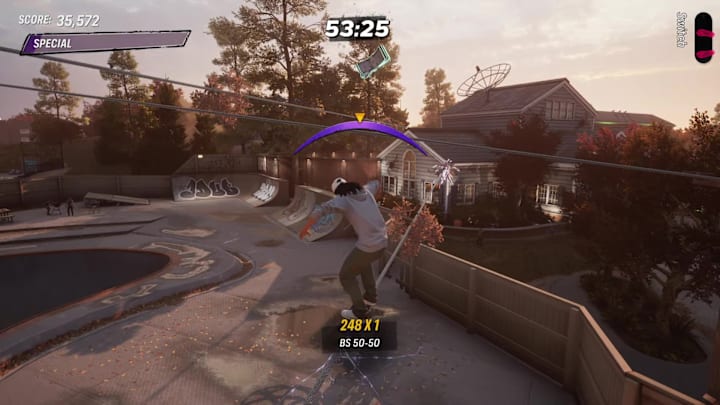 A player grinding across powerlines obstructed with fallen tree branches in the Suburbia level in Tony Hawk's Pro Skater 3+4