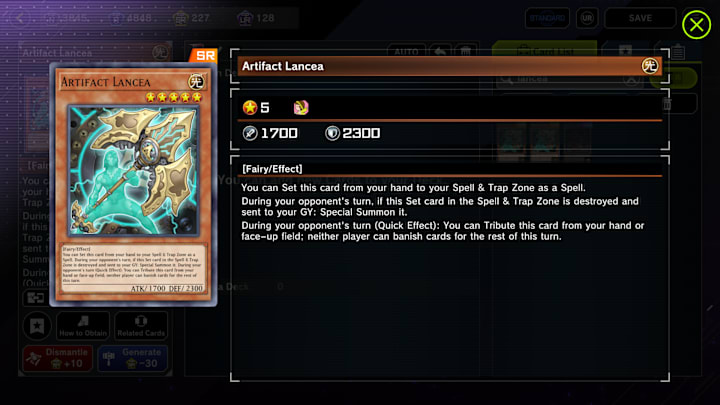 Artifact Lancea card in the deck-building screen of Yu-Gi-Oh Master Duel