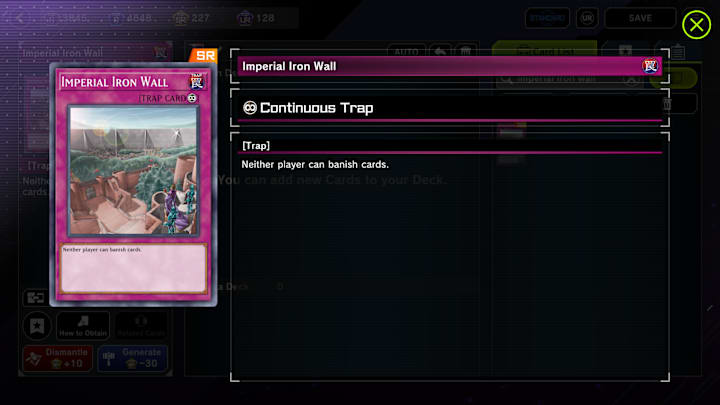 Imperial Iron Wall card in the deck-building screen of Yu-Gi-Oh Master Duel