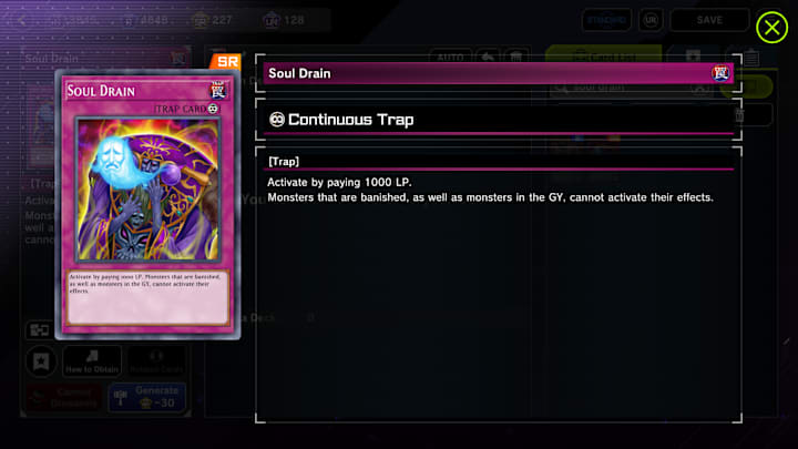 Soul Drain card in the deck-building screen of Yu-Gi-Oh Master Duel