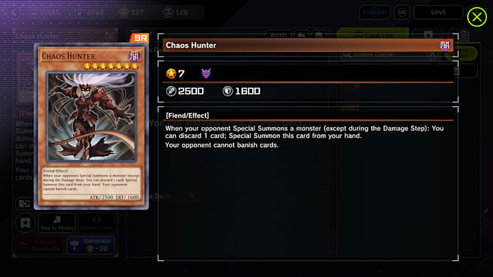 Chaos Hunter card in the deck-building screen of Yu-Gi-Oh Master Duel