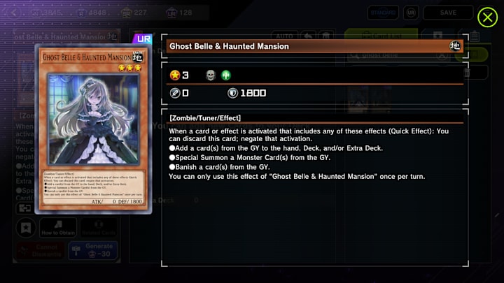 Ghost Belle & Haunted Mansion card in the deck-building screen of Yu-Gi-Oh Master Duel