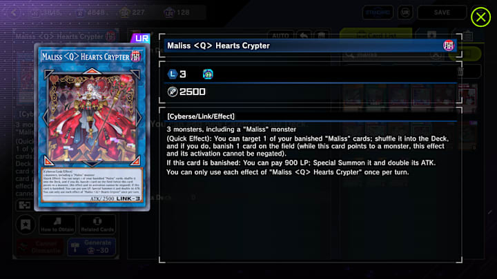Maliss  Hearts Crypter card in the deck-building screen of Yu-Gi-Oh Master Duel