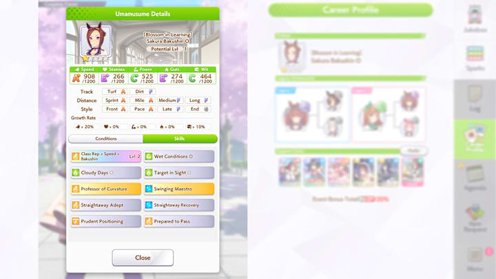 Umamusume screenshot of Bakushin's stats and skills.