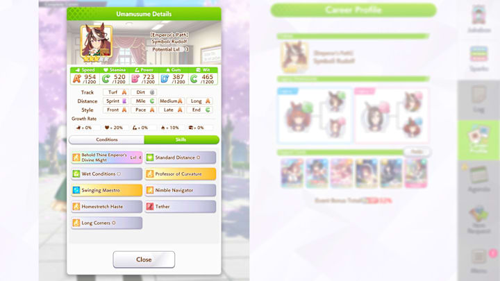 Umamusume Symboli Rudolf stats screenshot.