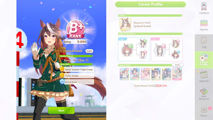 Umamusume screenshot of Symboli Rudolf's end-of-campaign screen.
