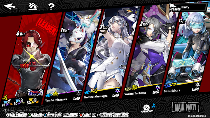 The Party menu with a team made up of Wonder, Fox, Mont, Yuki, and Puppet.