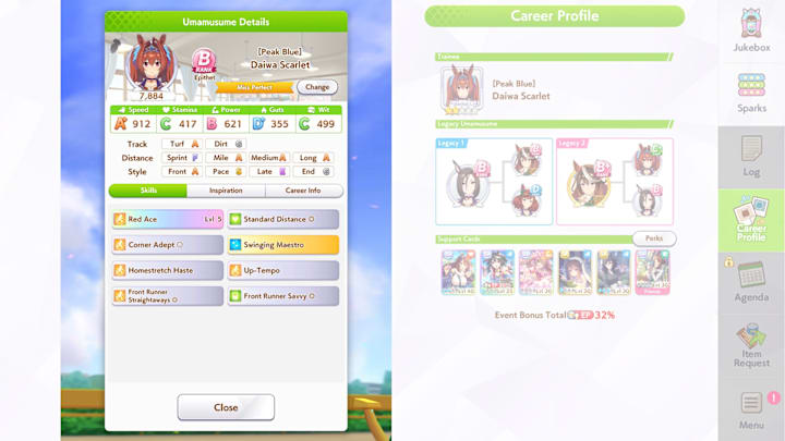 Umamusume Daiwa Scarlet stats screenshot.
