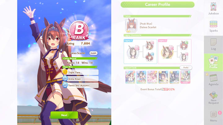 Umamusume screenshot of Daiwa Scarlet's campaign conclusion.