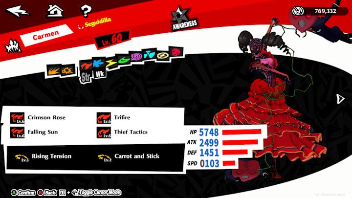 Carmen, Ann's Persona in P5X with the list of her skills.