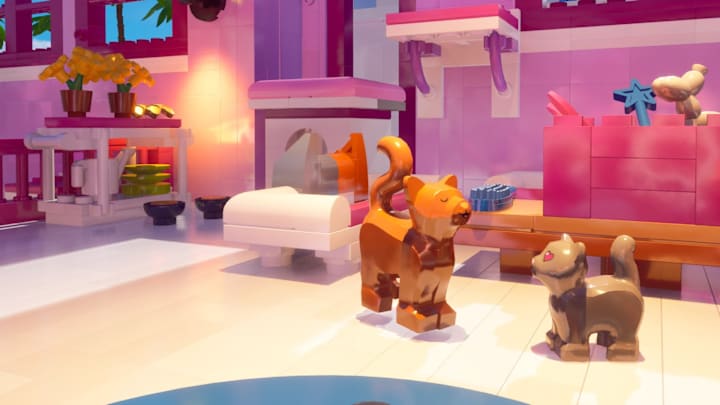 Lego Cats in a pink cat cafe in Brick Life.