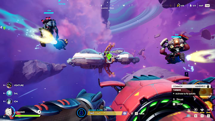 Three players use turbines to fly to an outpost in Wildgate