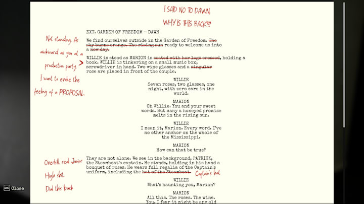 A lightly edited script with harsh notes written in red in Dead Take. 
