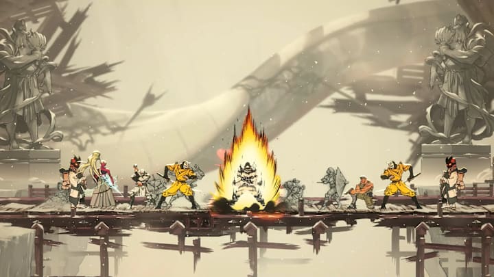 A shinobi powering up energy with a blazing aura around them as a crowd of others watch on.