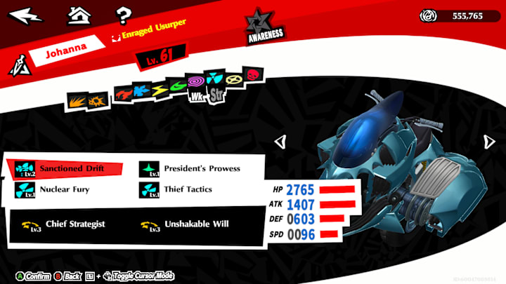Johanna's skill menu, a Persona that looks like a motorbike