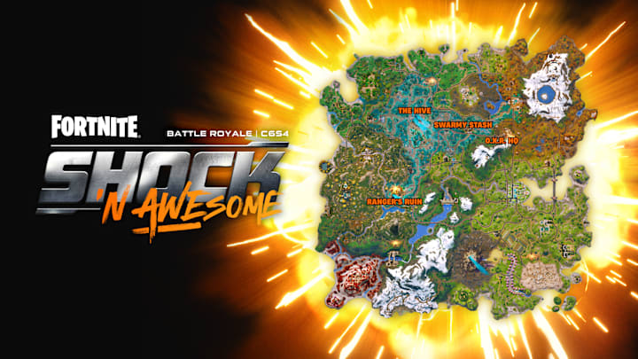 The map of Fortnite Shock N' Awesome with the new POIs highlighted
