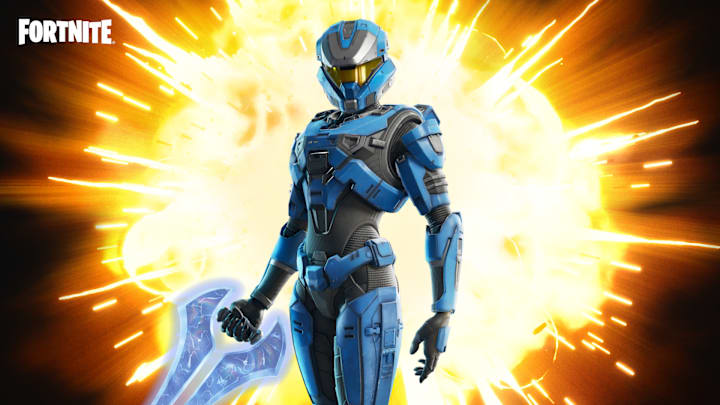 A Spartan from Halo in light blue armor.