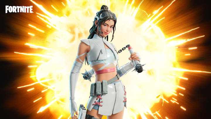 A woman with black hair in a white idol outfit weilding a mace where the handle is a microphone.