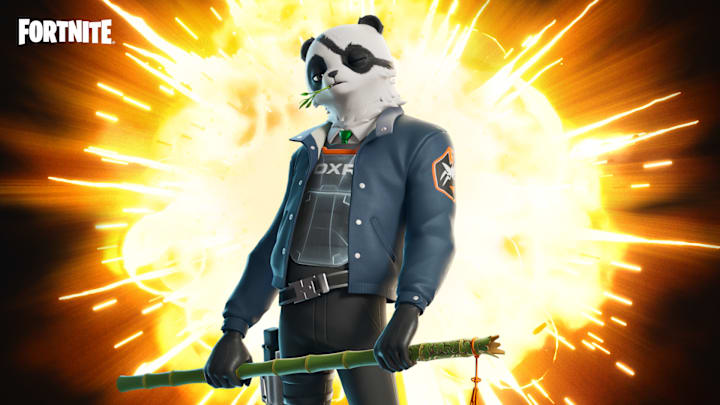 A humanoid character with a Panda head. The fur is such that the black section forms an eyepatch over an injured eye.