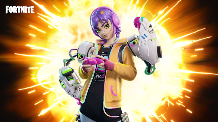 A purple-haired woman in a gamer shirt holding a pink controller. She has mechanical arms strapped to her shoulders.
